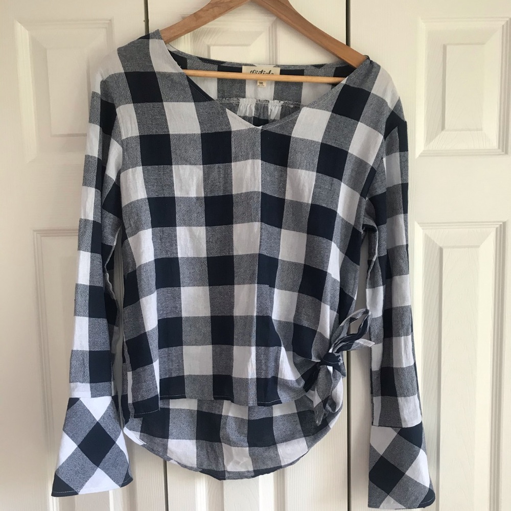 Navy and white bell sleeve blouse